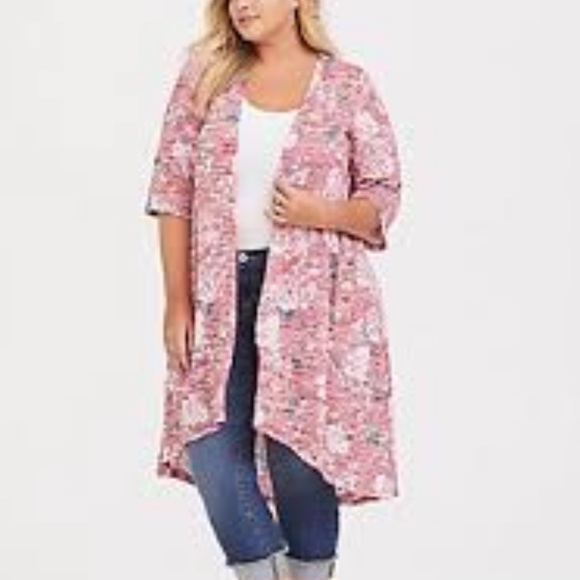 torrid Sweaters - Torrid Womens Knit Open Cardigan Duster Sweater Plus Size 2X Red Floral Longline